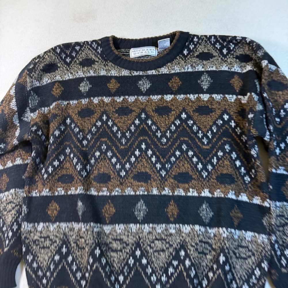 Michael Gerald Vintage 90s Southwestern Geometric Knit Sweater XL Black Brown